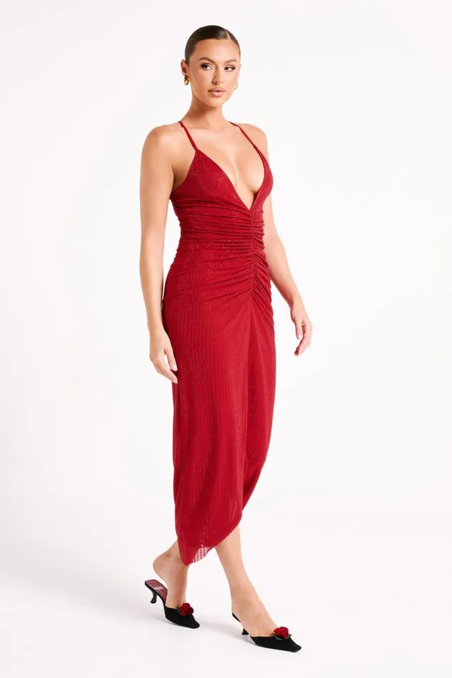 Women Meshki Dresses Emeraude Diamante Ruched Midi Dress 8211 Vermilion Red