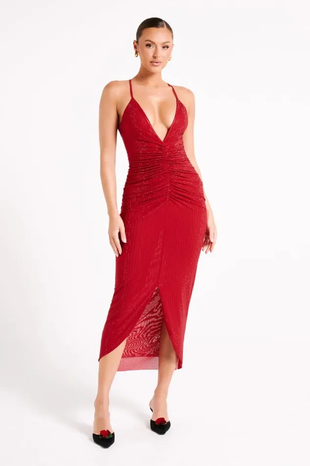 Women Meshki Dresses Emeraude Diamante Ruched Midi Dress 8211 Vermilion Red