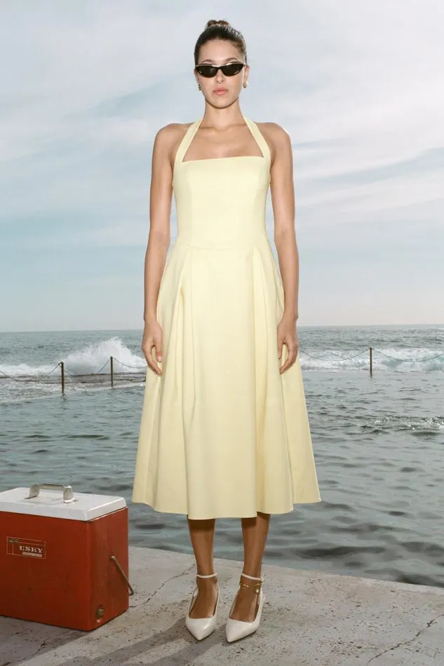 Women Meshki Dresses Juana Halter Midi Dress 8211 Lemon