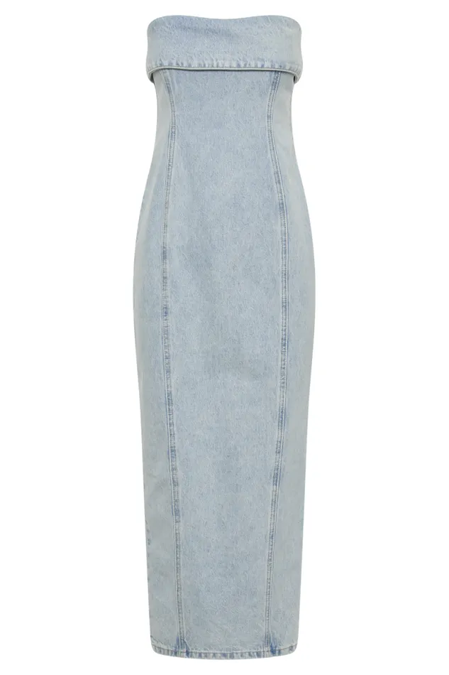 Women Meshki Dresses Katherine Strapless Denim Midi Dress 8211 Light Blue