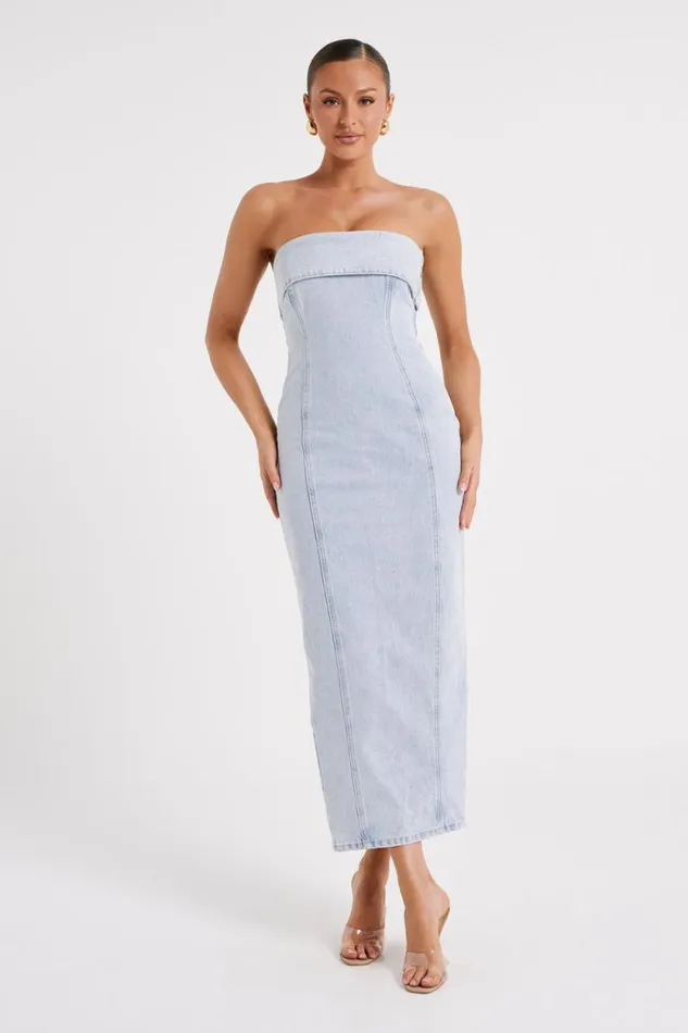 Women Meshki Dresses Katherine Strapless Denim Midi Dress 8211 Light Blue