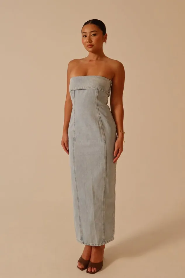 Women Meshki Dresses Katherine Strapless Denim Midi Dress 8211 Light Blue