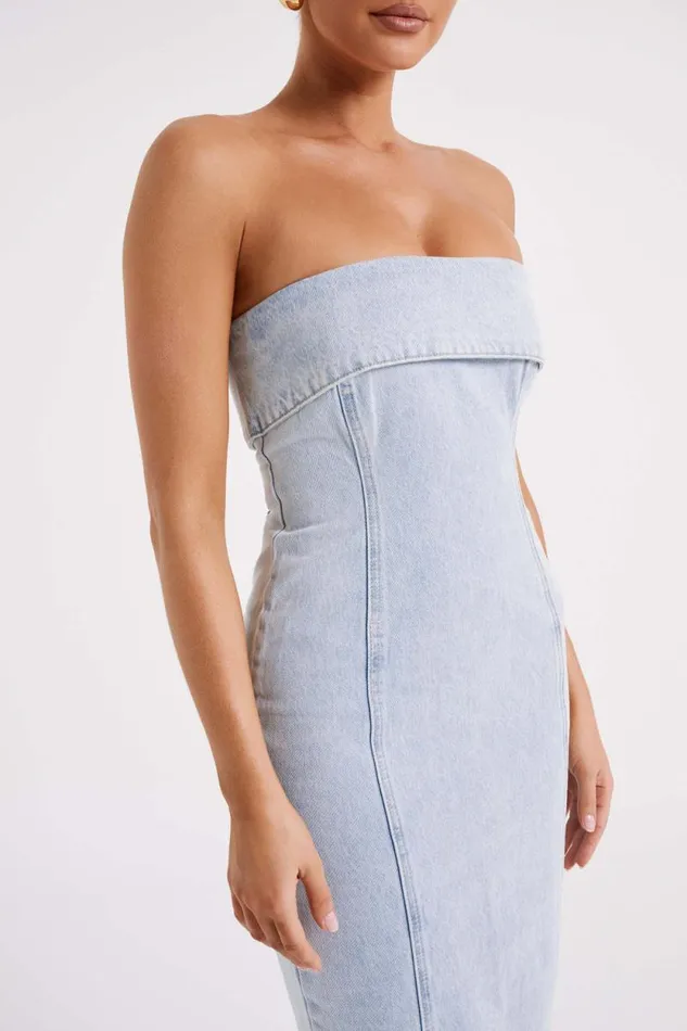 Women Meshki Dresses Katherine Strapless Denim Midi Dress 8211 Light Blue