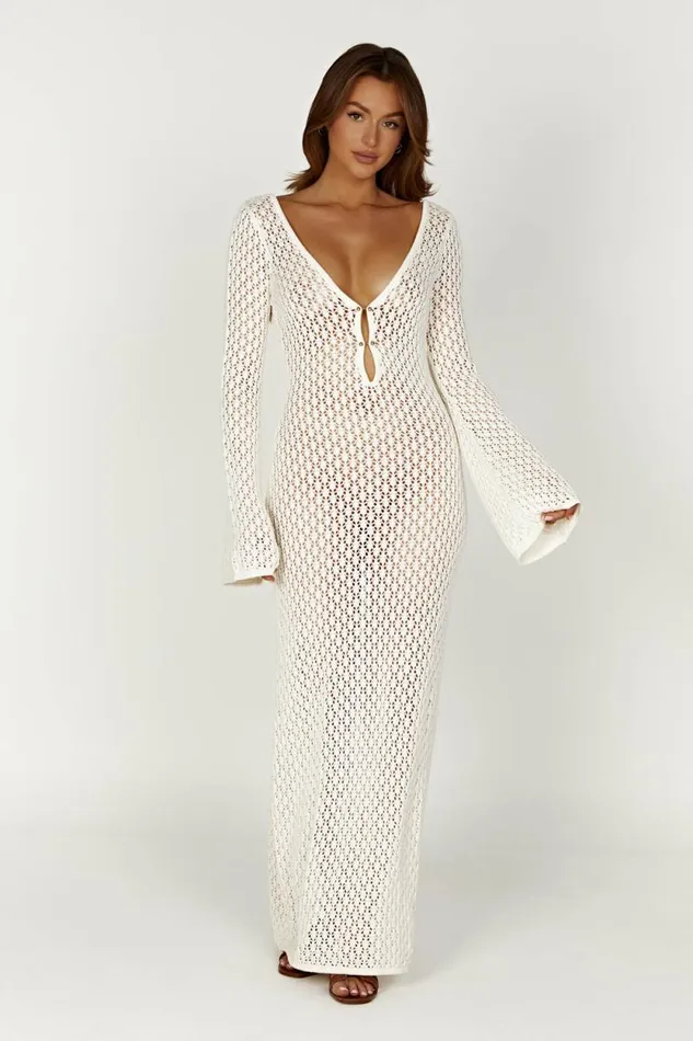 Women Meshki Dresses Kayleigh Crochet Fishtail Flare Sleeve Maxi Dress 8211 White