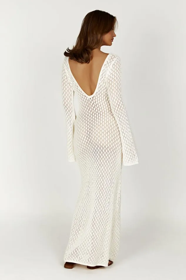 Women Meshki Dresses Kayleigh Crochet Fishtail Flare Sleeve Maxi Dress 8211 White