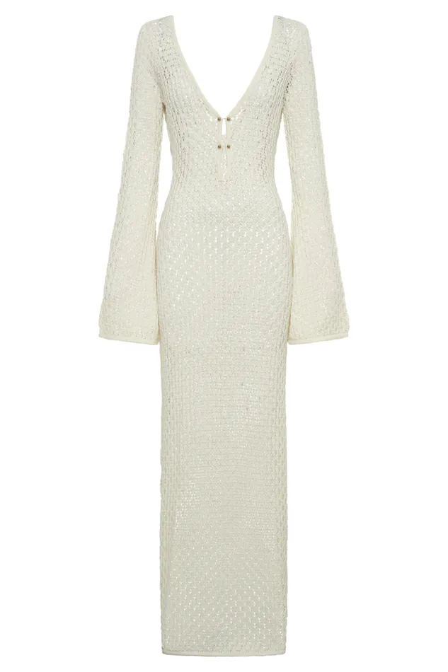Women Meshki Dresses Kayleigh Crochet Fishtail Flare Sleeve Maxi Dress 8211 White