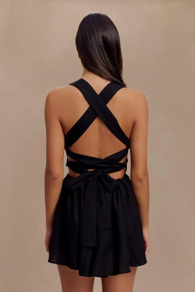 Women Meshki Dresses Loz Tie Back Linen Mini Dress 8211 Black