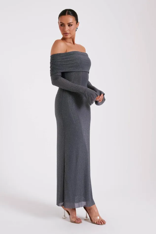 Women Meshki Dresses Marcel Off Shoulder Diamante Maxi Dress 8211 Gunmetal