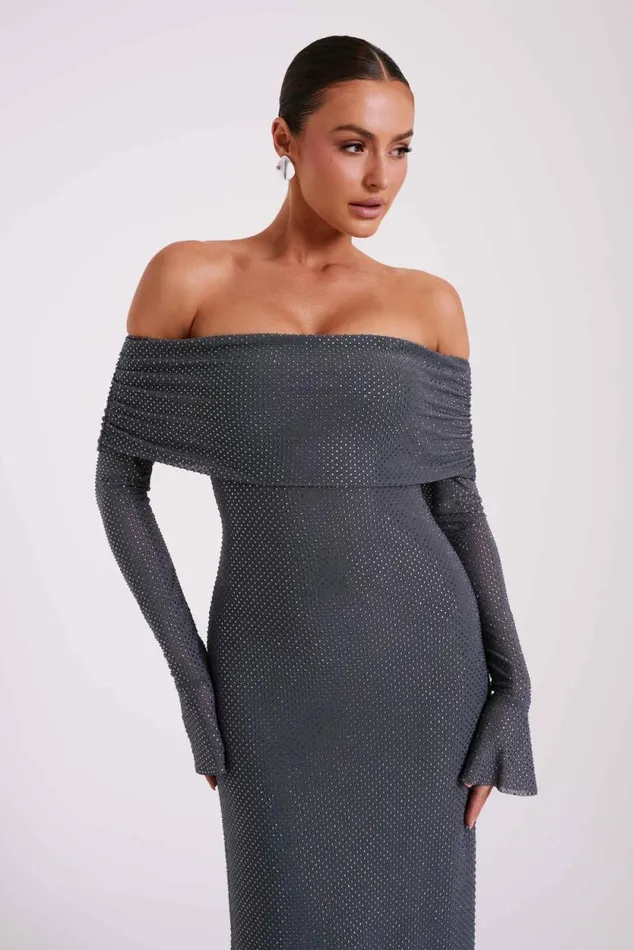 Women Meshki Dresses Marcel Off Shoulder Diamante Maxi Dress 8211 Gunmetal