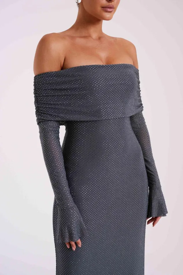 Women Meshki Dresses Marcel Off Shoulder Diamante Maxi Dress 8211 Gunmetal