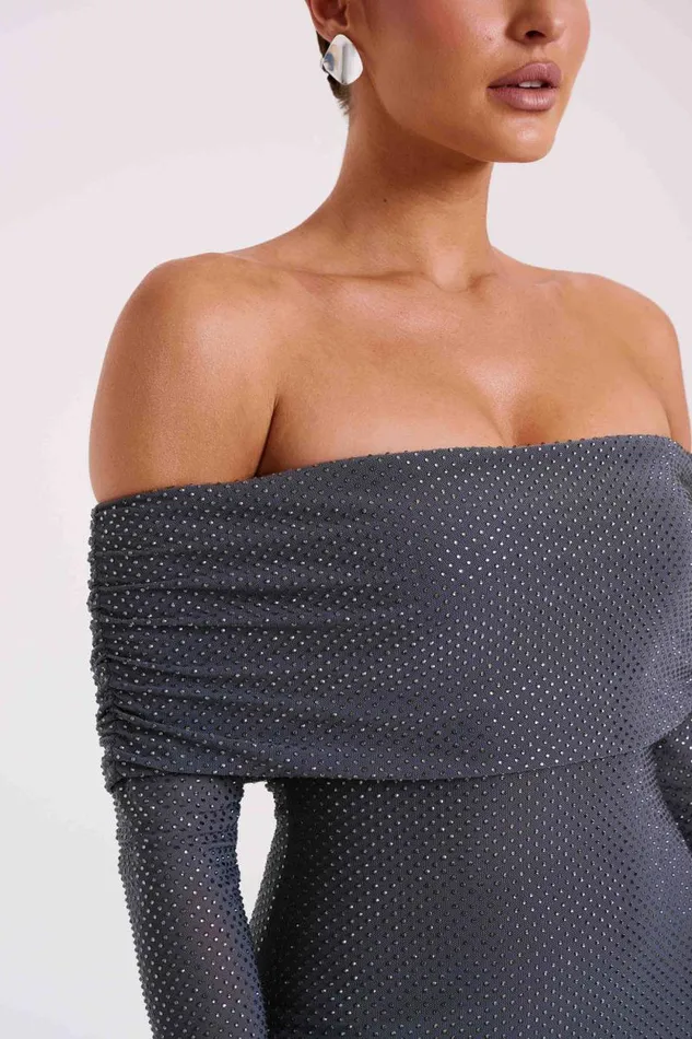 Women Meshki Dresses Marcel Off Shoulder Diamante Maxi Dress 8211 Gunmetal