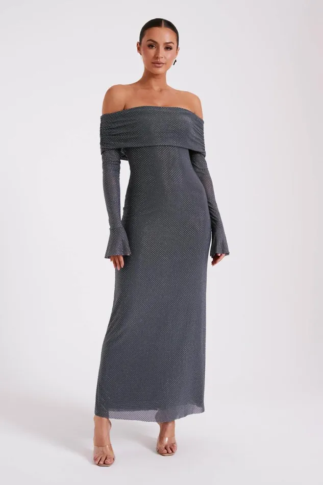 Women Meshki Dresses Marcel Off Shoulder Diamante Maxi Dress 8211 Gunmetal
