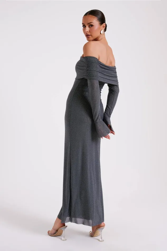 Women Meshki Dresses Marcel Off Shoulder Diamante Maxi Dress 8211 Gunmetal