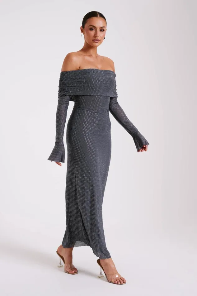 Women Meshki Dresses Marcel Off Shoulder Diamante Maxi Dress 8211 Gunmetal