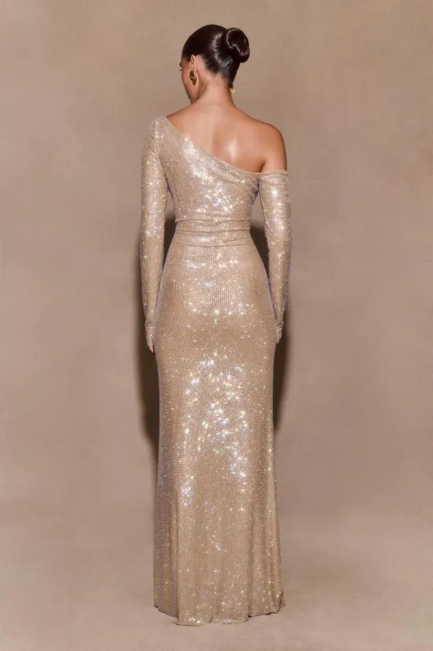 Women Meshki Dresses Marcia Diamante Long Sleeve Maxi Dress 8211 Nude