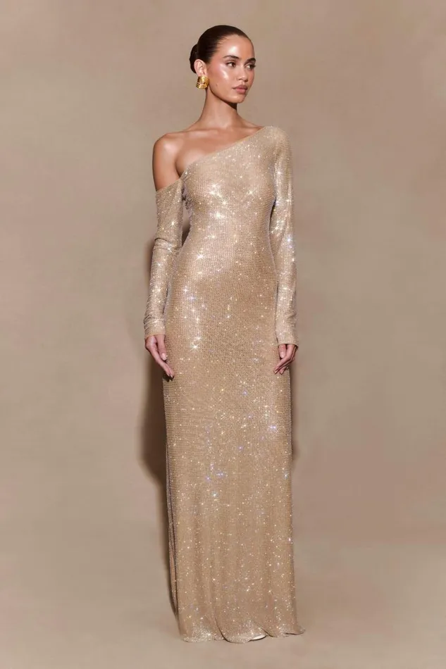 Women Meshki Dresses Marcia Diamante Long Sleeve Maxi Dress 8211 Nude