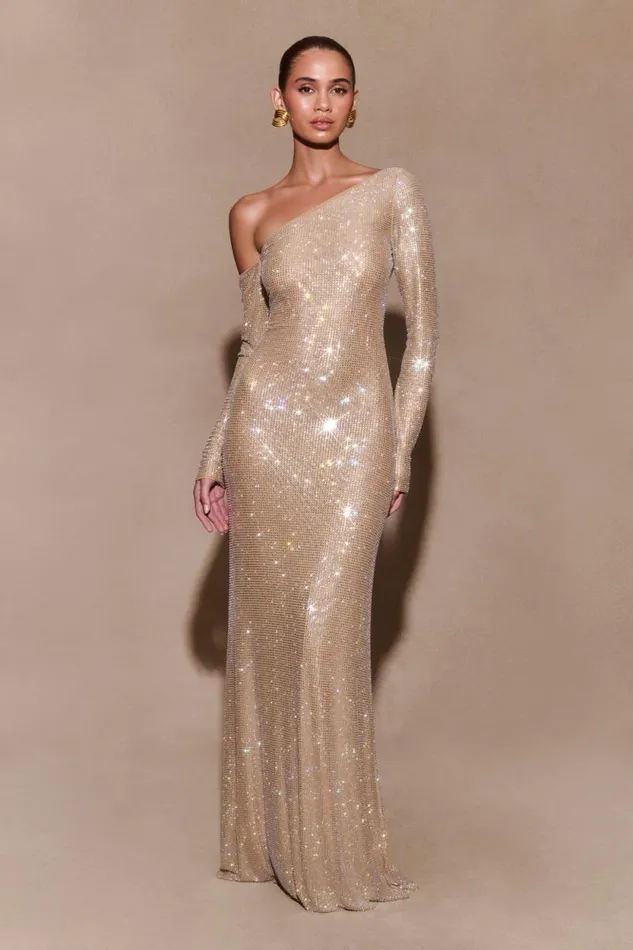 Women Meshki Dresses Marcia Diamante Long Sleeve Maxi Dress 8211 Nude