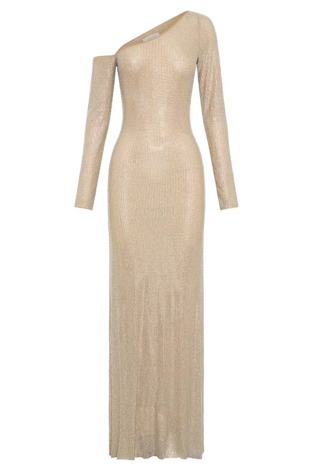 Women Meshki Dresses Marcia Diamante Long Sleeve Maxi Dress 8211 Nude