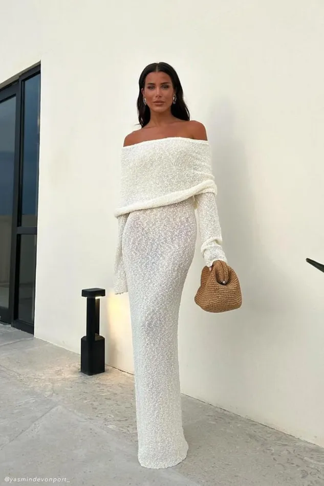 Women Meshki Dresses Marisol Off Shoulder Boucle Maxi Dress 8211 Ivory