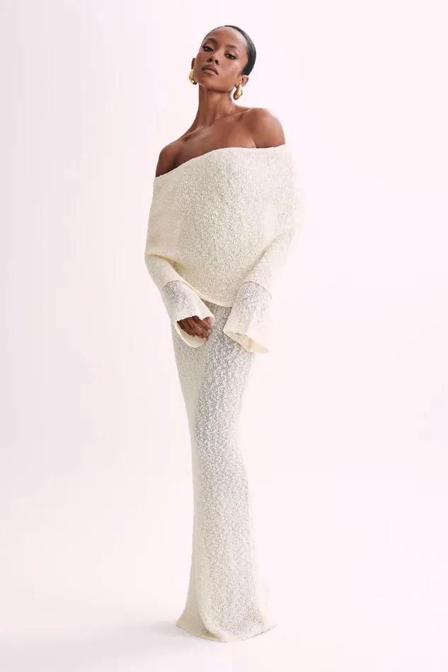 Women Meshki Dresses Marisol Off Shoulder Boucle Maxi Dress 8211 Ivory