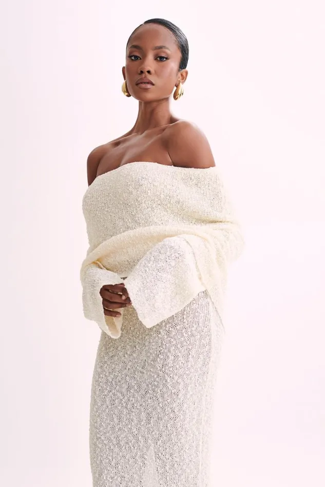 Women Meshki Dresses Marisol Off Shoulder Boucle Maxi Dress 8211 Ivory