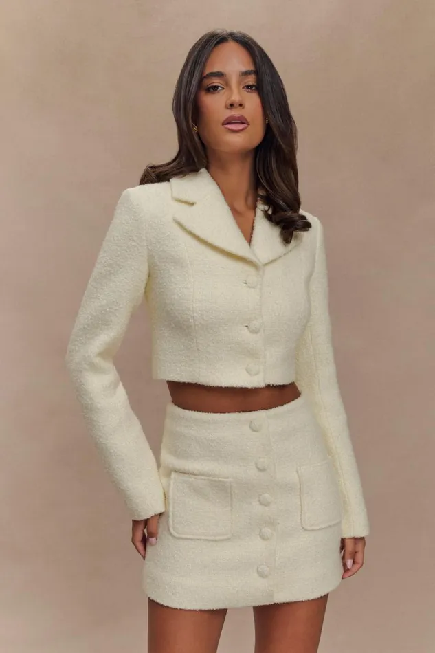 Women Meshki Dresses Mirelle Textured Boucle Cropped Long Sleeve Top 8211 Ivory
