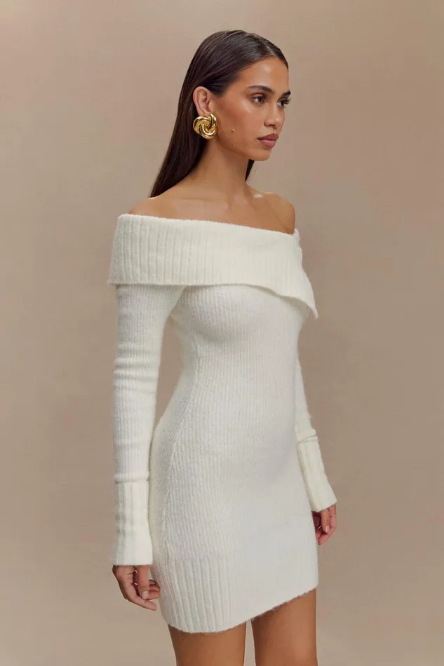 Women Meshki Dresses Stephanie Asymmetric Knit Mini Dress 8211 Ivory