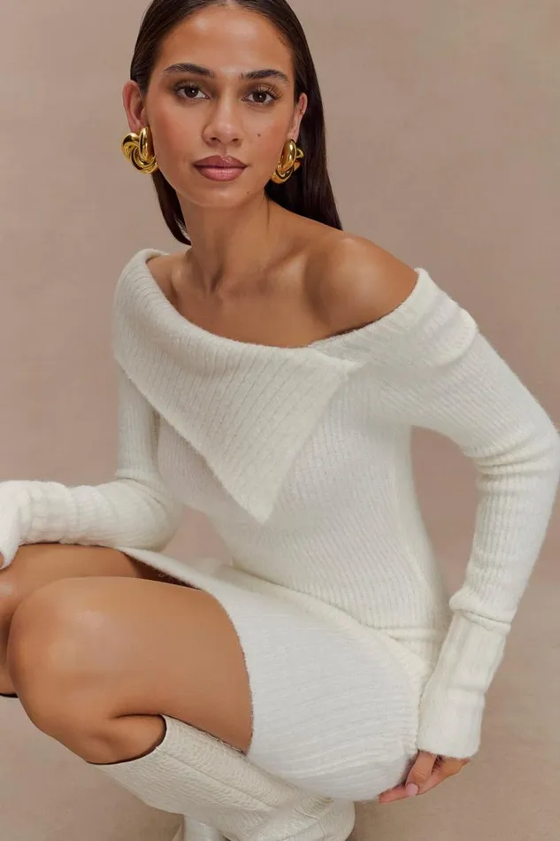 Women Meshki Dresses Stephanie Asymmetric Knit Mini Dress 8211 Ivory