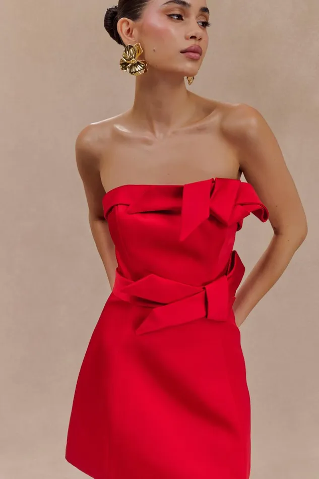 Women Meshki Dresses Tatiana Satin Strapless Bow Mini Dress 8211 Red