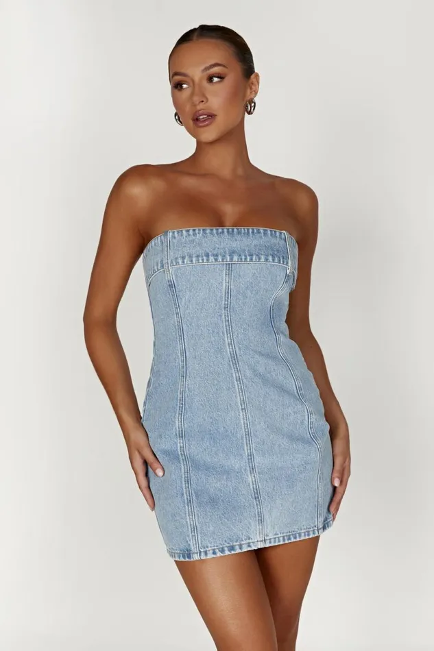 Women Meshki Dresses Teddi Denim Mini Dress 8211 Mid Blue