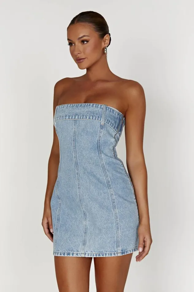 Women Meshki Dresses Teddi Denim Mini Dress 8211 Mid Blue