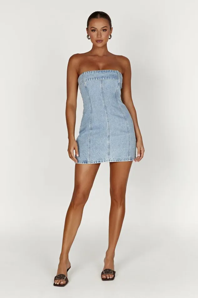 Women Meshki Dresses Teddi Denim Mini Dress 8211 Mid Blue