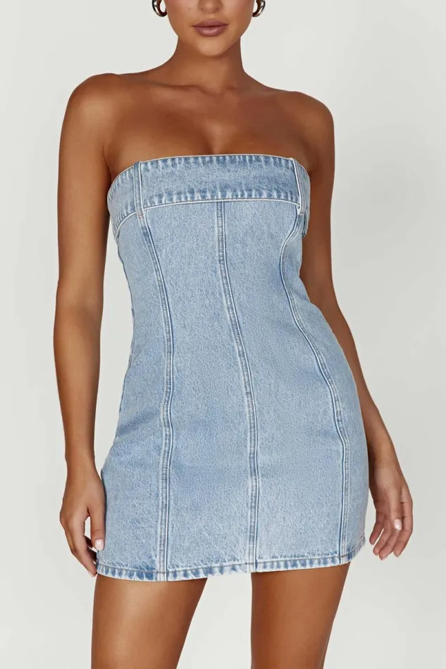 Women Meshki Dresses Teddi Denim Mini Dress 8211 Mid Blue