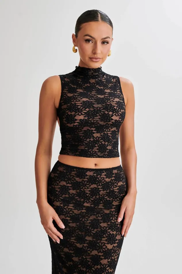 Women Meshki Tops Elska Lace High Neck Top 8211 Black