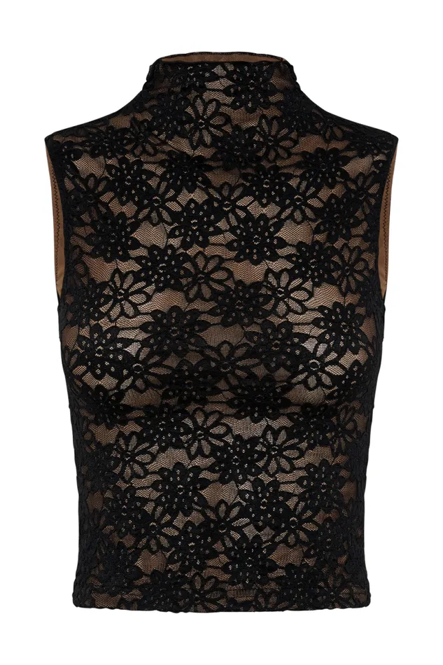 Women Meshki Tops Elska Lace High Neck Top 8211 Black