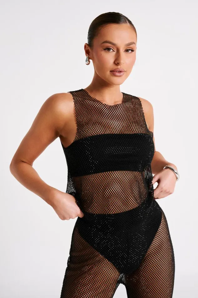 Women Meshki Tops Emerson Diamante Mesh Tank Top 8211 Black