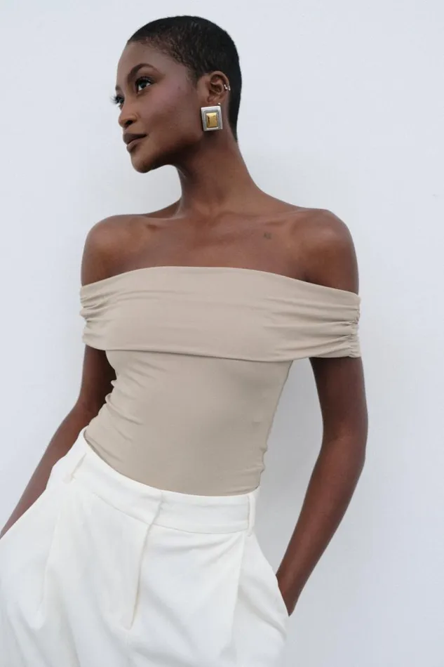 Women Meshki Tops Meena Recycled Nylon Off Shoulder Top 8211 Taupe