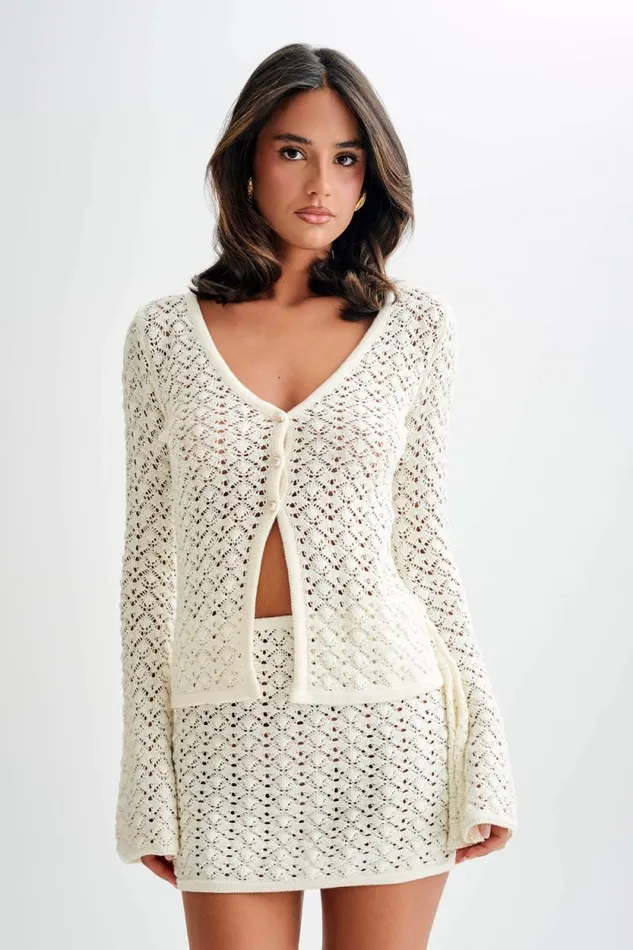Women Meshki Tops Murphy Long Sleeve Knit Shell Button Cardigan 8211 White