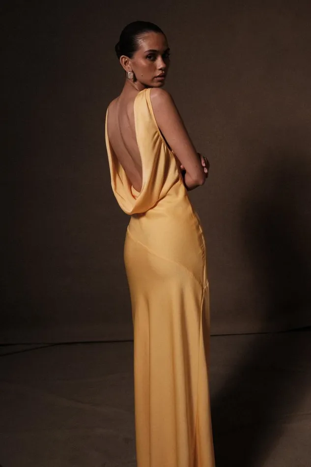 Women Meshki Tops Nadia Maxi Satin Dress With Back Cowl 8211 Lemon