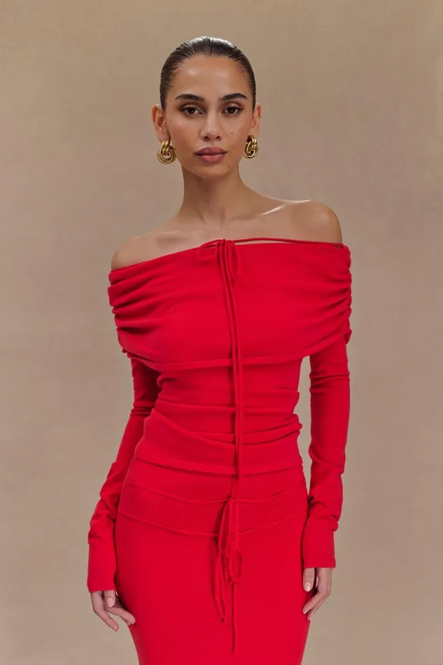 Women Meshki Tops Polly Off Shoulder Long Sleeve Knit Top 8211 Red