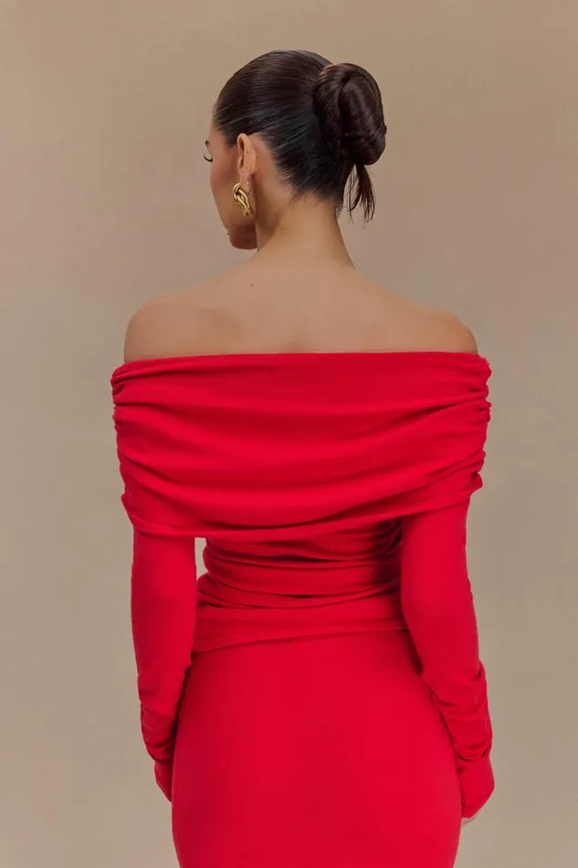 Women Meshki Tops Polly Off Shoulder Long Sleeve Knit Top 8211 Red