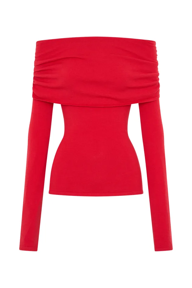 Women Meshki Tops Polly Off Shoulder Long Sleeve Knit Top 8211 Red