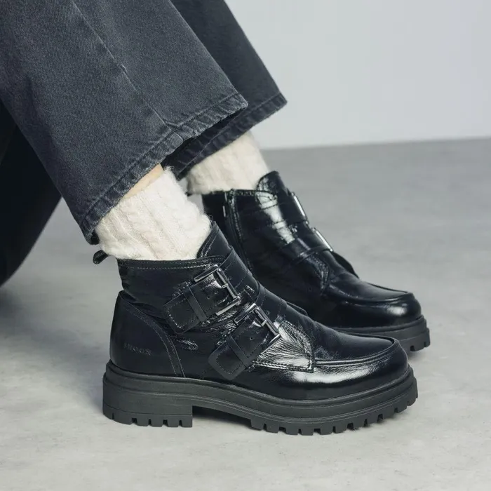 Women Moda In Pelle Chunky Boots Shoon Sh Oolite Black Patent Leather