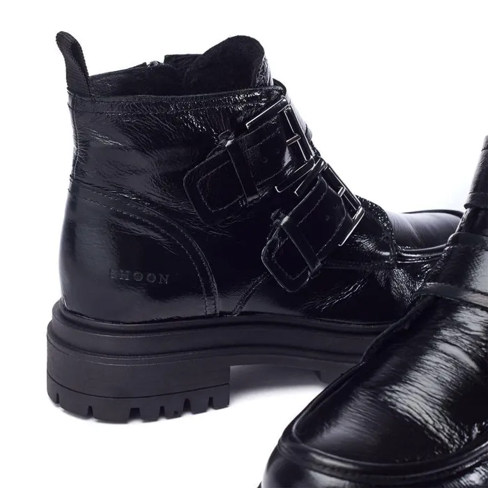 Women Moda In Pelle Chunky Boots Shoon Sh Oolite Black Patent Leather