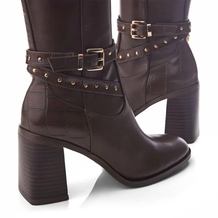 Women Moda In Pelle Over The Knee Boots Umah Brown Snake Print