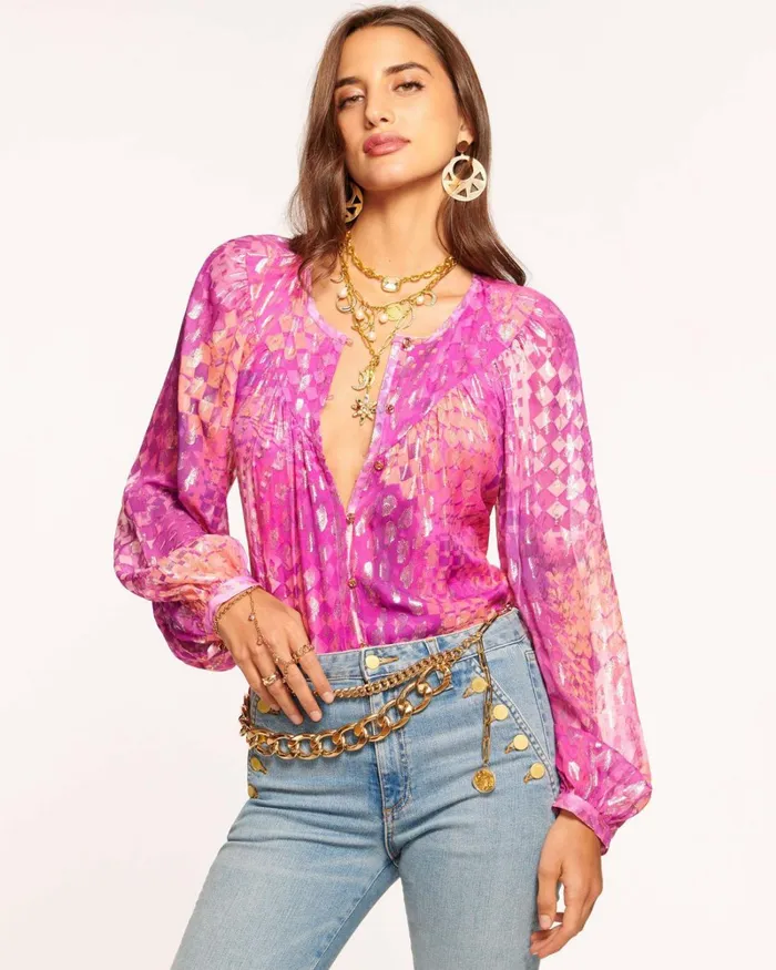 Women Oaklynn Button Down Blouse Pink Kaleidoscope Ramy Brook Tops