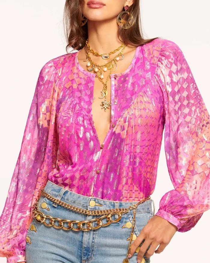 Women Oaklynn Button Down Blouse Pink Kaleidoscope Ramy Brook Tops Women Oaklynn Button Down Blouse Pink Kaleidoscope Ramy Brook Tops