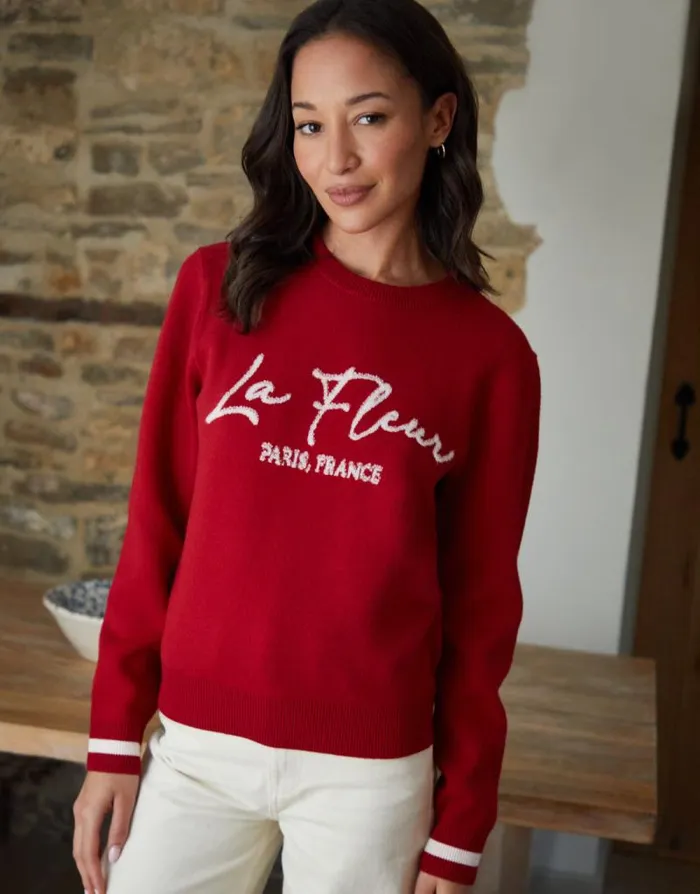 Women Red Varsity Knitted Jumper Threadbare Jumpers