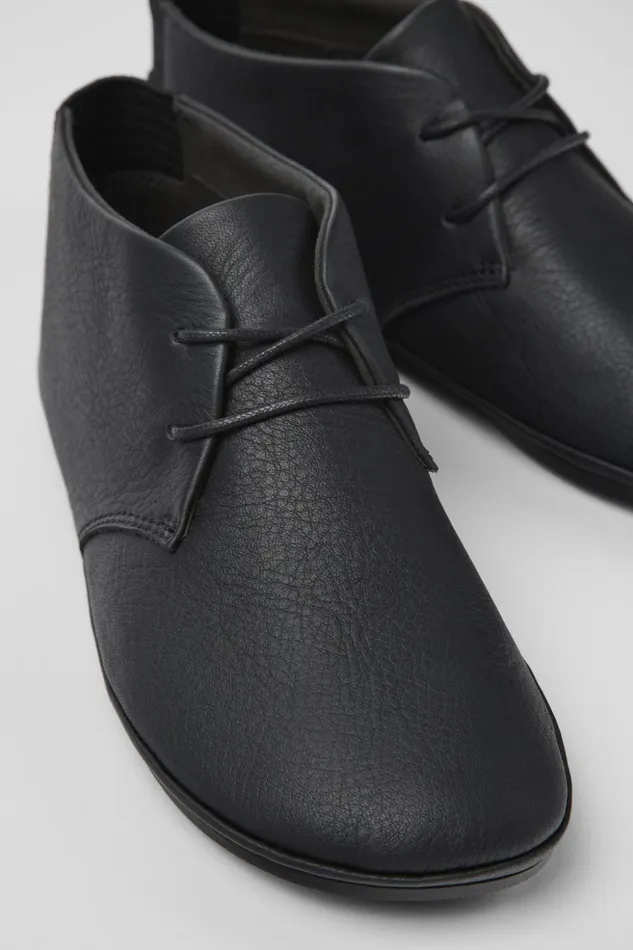Women Right Black Leather Ankle Boots Camper Flat Shoes