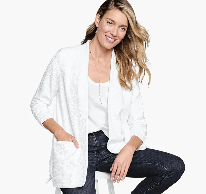 Women RuchedSleeve Knit Blazer White JohnstonandMurphy Shirts Sweaters and Blazers Women RuchedSleeve Knit Blazer White JohnstonandMurphy Shirts Sweaters and Blazers
